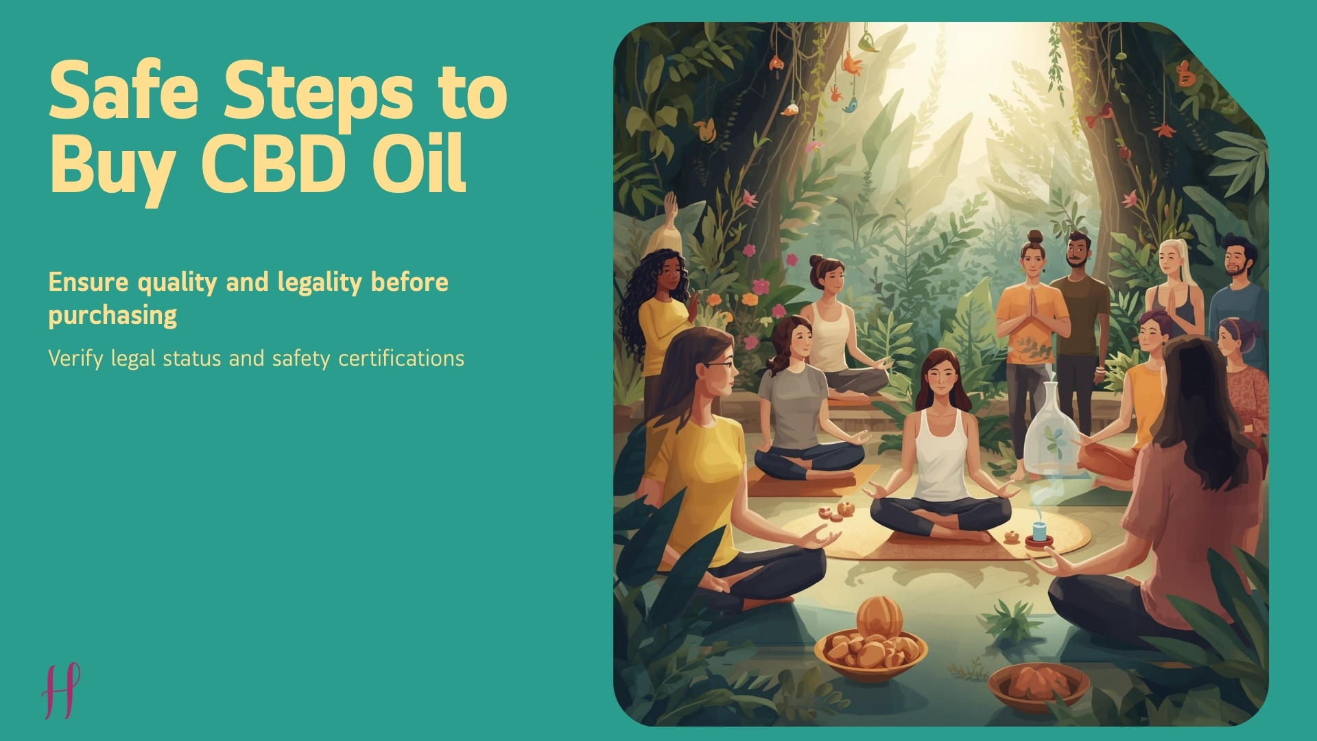 Illustration showing safe steps to buy CBD oil, focusing on quality, legality, and certified wellness products